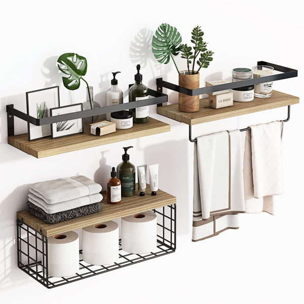 17 Stories Akyrie 3 Piece Wood Floating Shelf with Towel Bar & Reviews Wayfair Canada